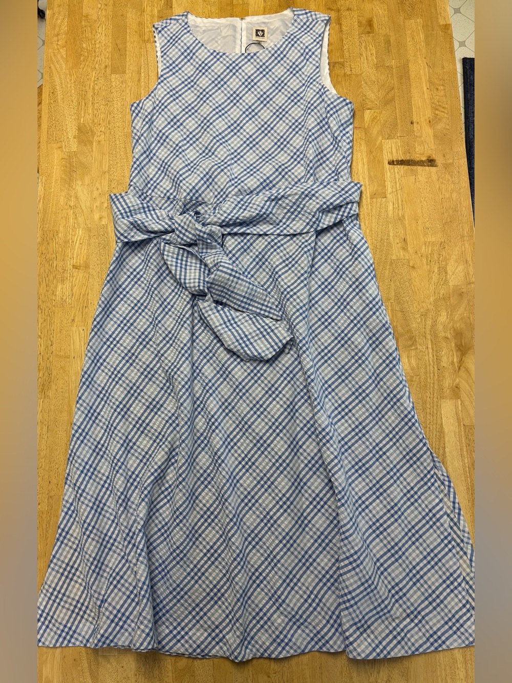 Anne Klein Blue and White Plaid Maxi Dress with Tie Waist